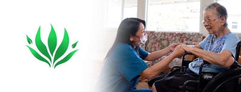 Caregiver holding hands with a resident in a wheelchair